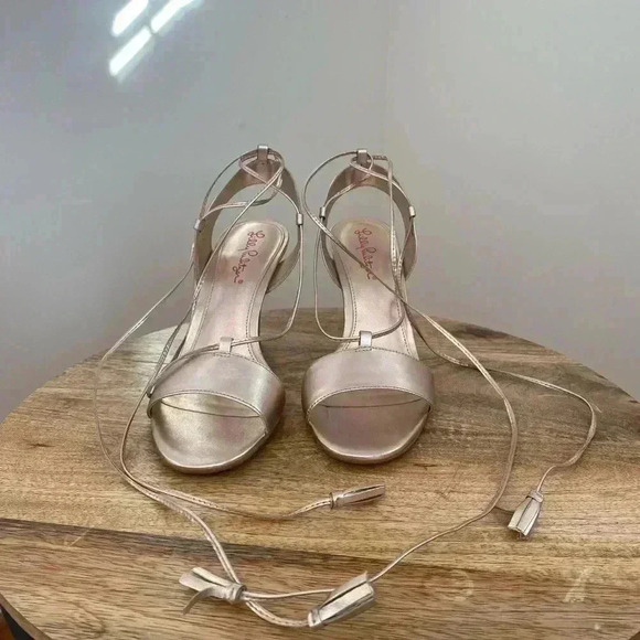 Lilly Pulitzer Metallic Gold Wedge Size 8.5 M Leather Open Toe - Picture 4 of 9